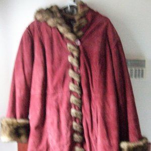 Dennis Basso Suede Coat, Faux Fur, Size XL Maroon